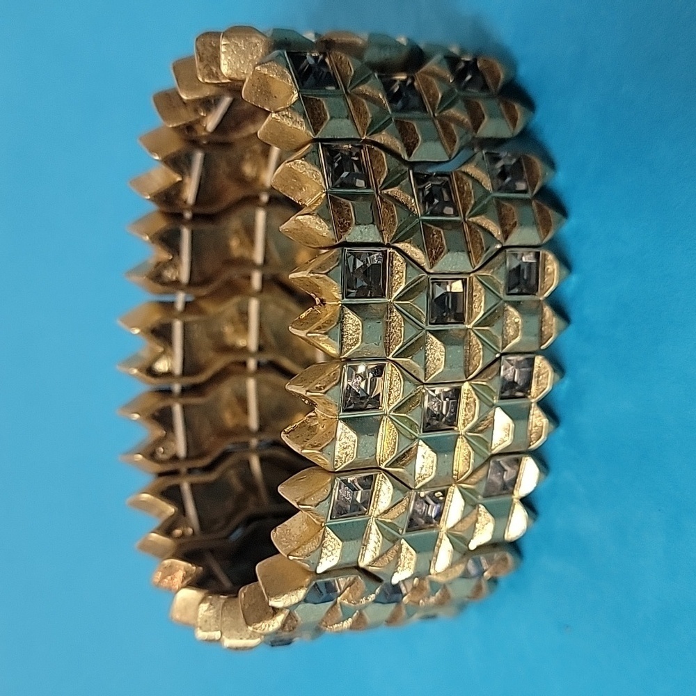 Gold Tone Chunky Funky Retro Geometrical Stone Embellished Stretch Bracelet